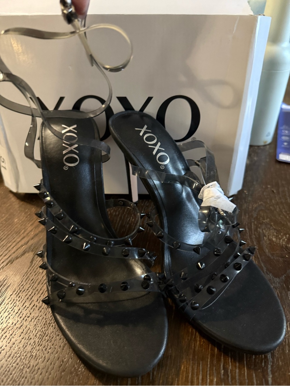 XOXO Black Studded Strappy Heels with Ankle Wrap